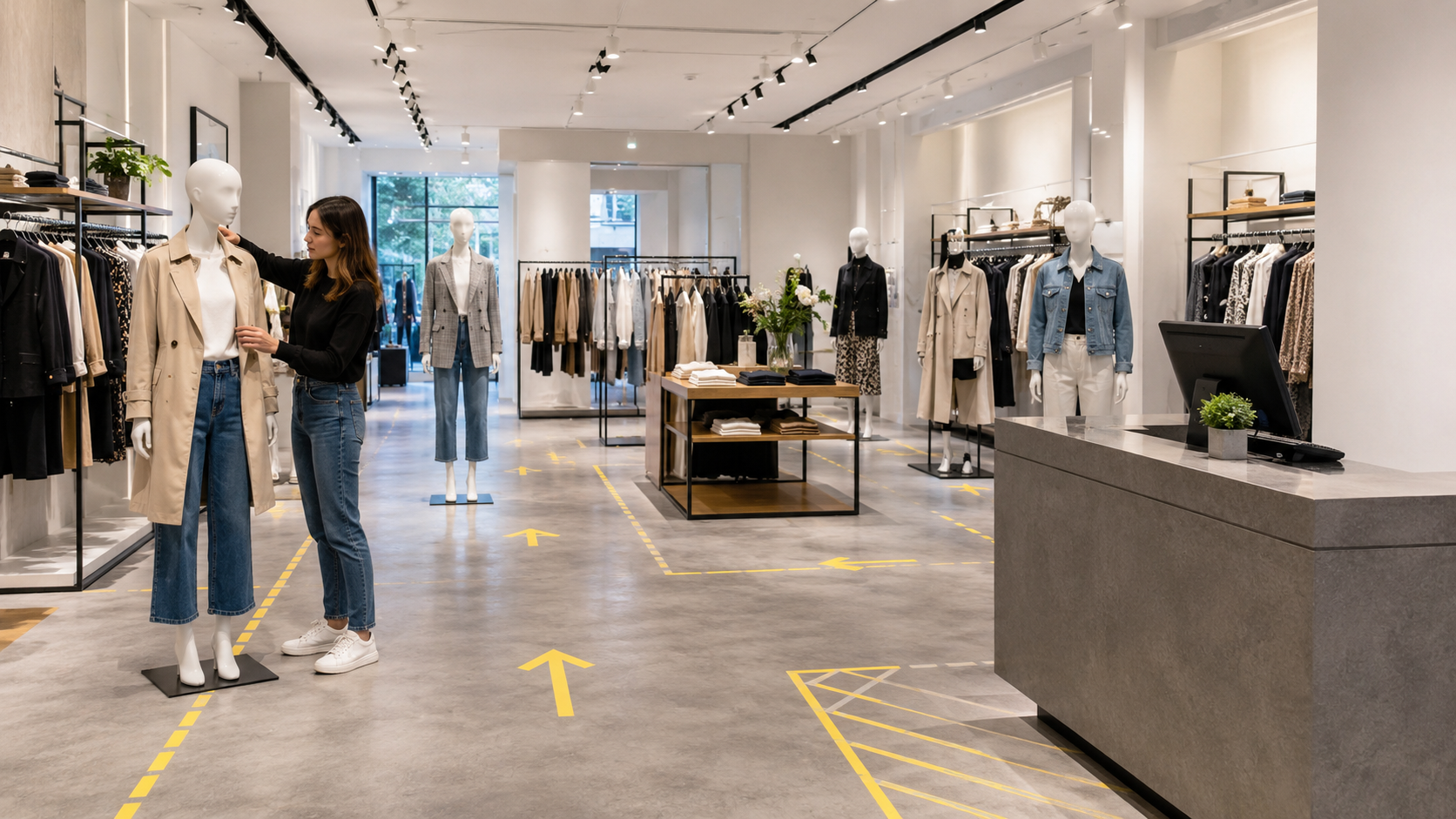 Dùng ma-nơ-canh thử bố cục cửa hàng và lối đi showroom