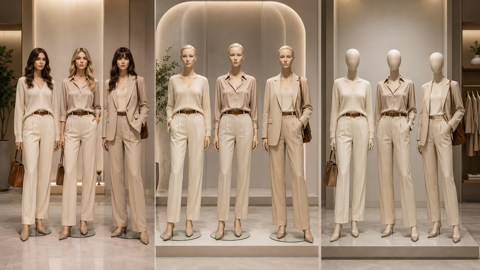 So sánh ma-nơ-canh chân thực, bán chân thực và trừu tượng trong showroom